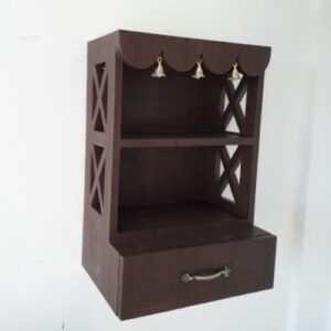 Compact Wall-Mounted Wooden Pooja Shelf with Bell Accents