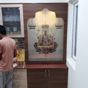 Modern Backlit Pooja Unit with Designer Glass Panel